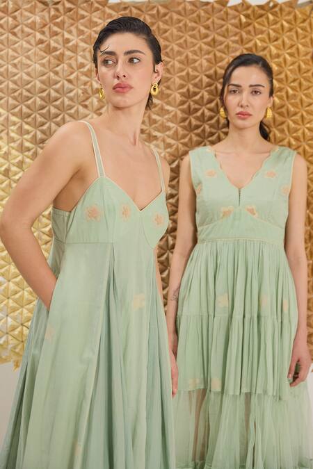 Buy_The Loom Art_Green Cotton, Silk Embroidery V-neck Waterfall Handwoven Dress _Online_at_Aza_Fashions