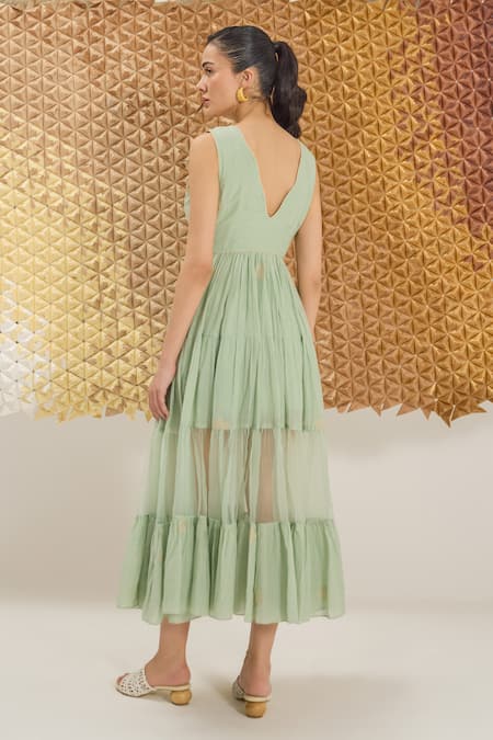 The Loom Art Waterfall Green Handwoven Cotton Silk Dress 