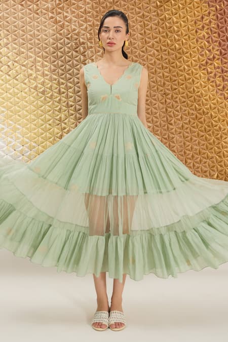 Buy_The Loom Art_Green Cotton, Silk Embroidery V-neck Waterfall Handwoven Dress 