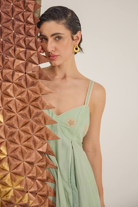 The Loom Art_Green Cotton, Silk Embroidery V-neck Waterfall Handwoven Dress _at_Aza_Fashions
