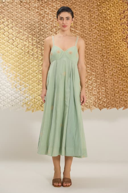 Buy_The Loom Art_Green Cotton, Silk Embroidery V-neck Waterfall Handwoven Dress 