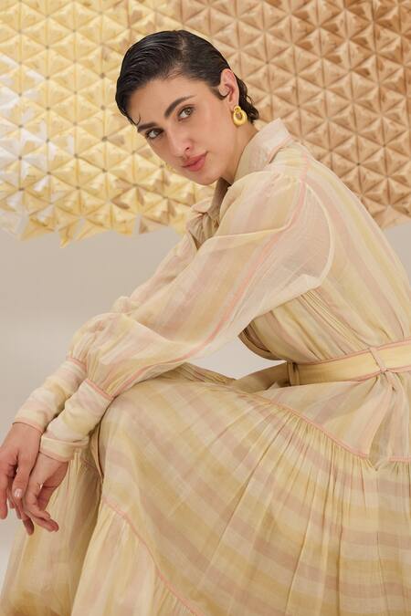 The Loom Art_Multi Color Cotton, Silk Embroidery Multicolor Striped Handwoven Dress _Online_at_Aza_Fashions