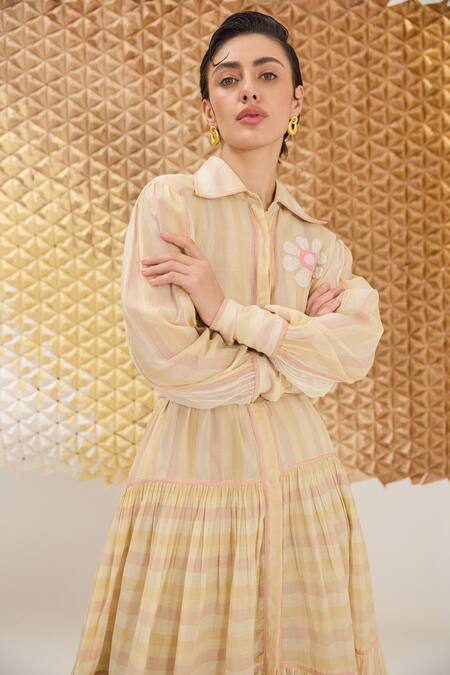 Buy_The Loom Art_Multi Color Cotton, Silk Embroidery Multicolor Striped Handwoven Dress _Online_at_Aza_Fashions