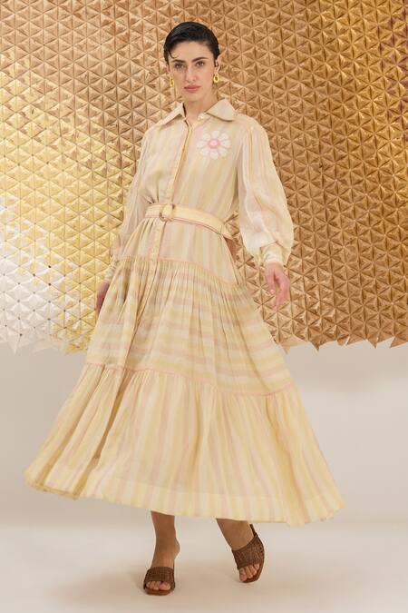 Shop_The Loom Art_Multi Color Cotton, Silk Embroidery Multicolor Striped Handwoven Dress _Online_at_Aza_Fashions