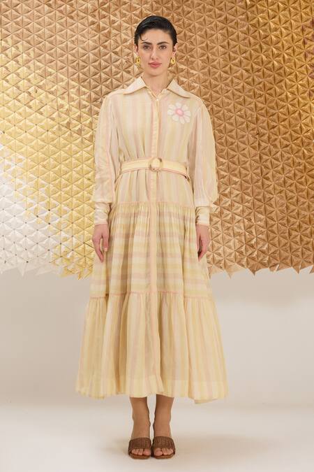 The Loom Art_Multi Color Cotton, Silk Embroidery Multicolor Striped Handwoven Dress _at_Aza_Fashions