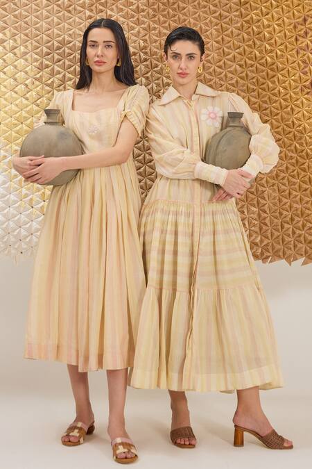 Buy_The Loom Art_Multi Color Cotton, Silk Embroidery Multicolor Striped Handwoven Dress 