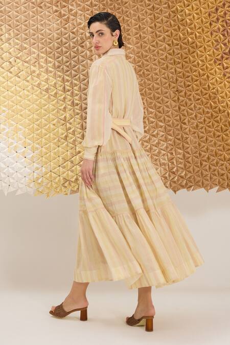 Shop_The Loom Art_Multi Color Cotton, Silk Embroidery Multicolor Striped Handwoven Dress 