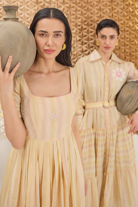 The Loom Art_Yellow Cotton, Silk Embroidery Square Neck Striped Handwoven Dress _Online_at_Aza_Fashions