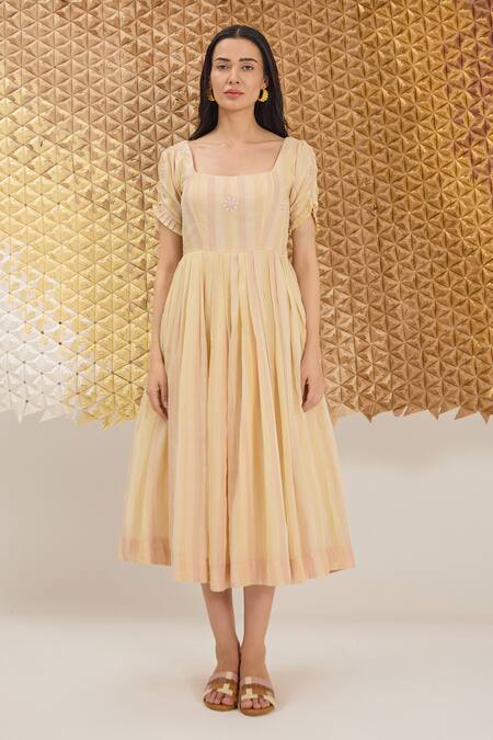 The Loom Art_Yellow Cotton, Silk Embroidery Square Neck Striped Handwoven Dress _at_Aza_Fashions