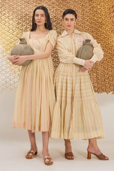 Buy_The Loom Art_Yellow Cotton, Silk Embroidery Square Neck Striped Handwoven Dress 