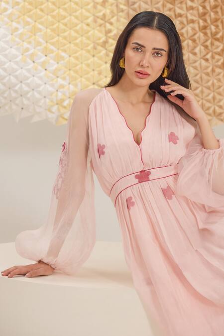 The Loom Art_Pink Cotton, Silk Embroidery V-neck Powder Jamdani Weave Dress _Online_at_Aza_Fashions
