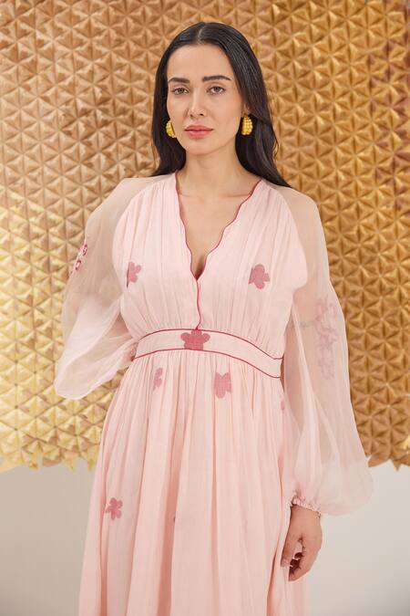 The Loom Art_Pink Cotton, Silk Embroidery V-neck Powder Jamdani Weave Dress _at_Aza_Fashions