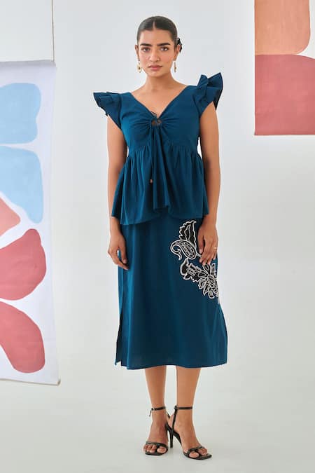 Moontara Teal Cotton Embroidery V-neck Tie-up Top And A-line Skirt Set