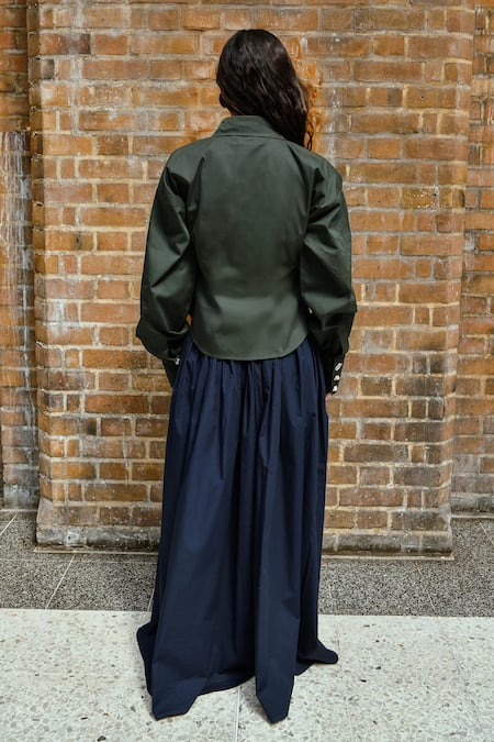 Shop Therealb Olive Green Cotton Collared Top And Navy Blue Skirt Set at Aza Fashions Shop_Therealb_Olive Green Cotton Collared Top And Navy Blue Skirt Set _at_Aza_Fashions