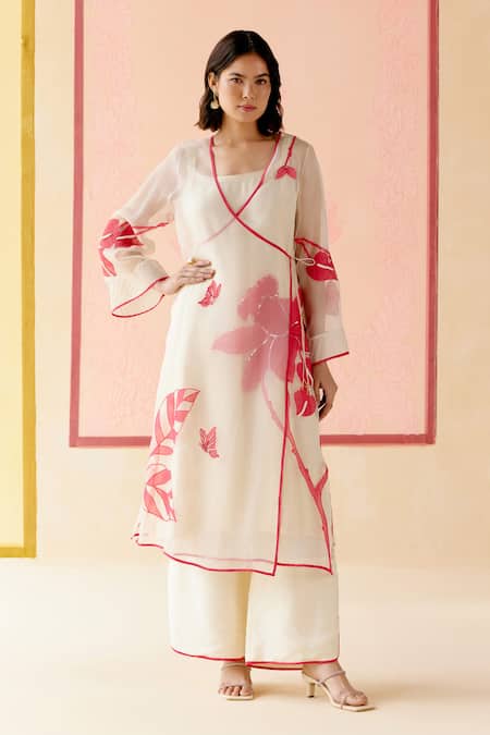 I AM Design Ivory Silk Organza Applique Round Neck Suit Set With Red Pink Work 
