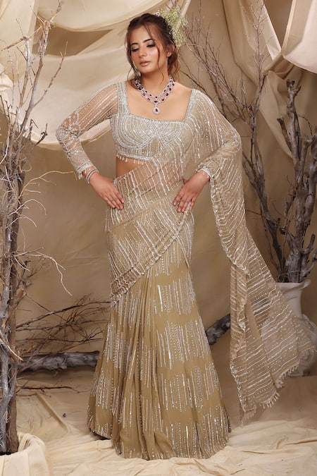 Lasha Green Georgette, Tulle, Net Beads, Sequins Square Designer Pre-draped Saree Set 
