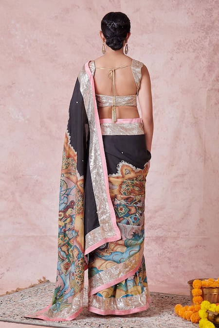 Aamra By Lavanya Noir Hand Embroidered Silk Saree Set 