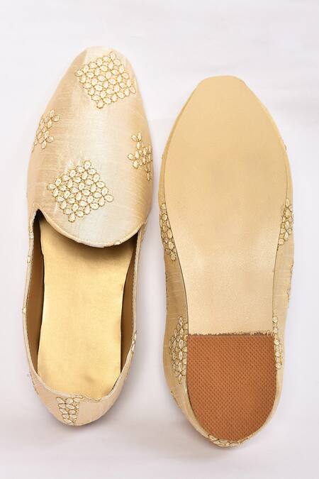 Shop_Arihant Rai Sinha_Beige Embroidery Almond Toe Juttis _Online_at_Aza_Fashions