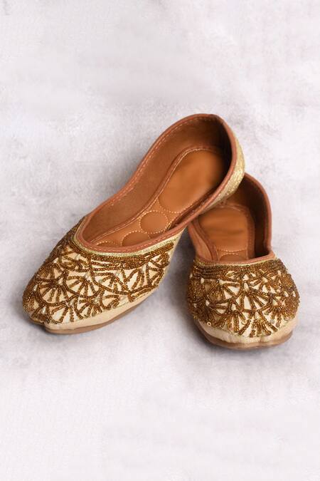 Nazaakat By Samara Singh_Gold Bead Embroidered Mojaris_Online_at_Aza_Fashions