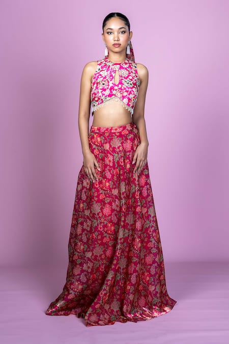 Damoiselle_Pink Chinon, Silk, Viscose Mirrors, Fringe Floral Fiesta Crop Top Lehenga Set _Online_at_Aza_Fashions