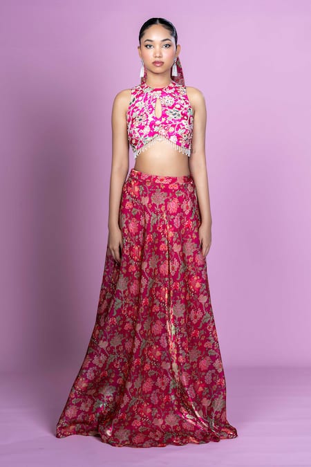 Buy_Damoiselle_Pink Chinon, Silk, Viscose Mirrors, Fringe Floral Fiesta Crop Top Lehenga Set _Online_at_Aza_Fashions