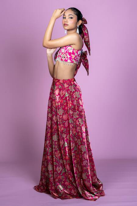 Shop_Damoiselle_Pink Chinon, Silk, Viscose Mirrors, Fringe Floral Fiesta Crop Top Lehenga Set _Online_at_Aza_Fashions