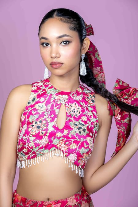 Damoiselle_Pink Chinon, Silk, Viscose Mirrors, Fringe Floral Fiesta Crop Top Lehenga Set _at_Aza_Fashions