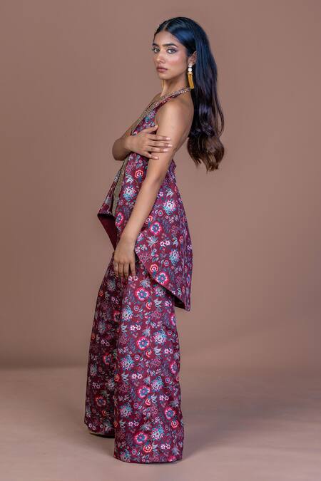 Damoiselle_Purple Chinon, Silk Halter Neck Garnet Glimmer Coord Set _Online_at_Aza_Fashions