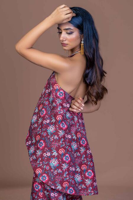 Buy_Damoiselle_Purple Chinon, Silk Halter Neck Garnet Glimmer Coord Set _Online_at_Aza_Fashions