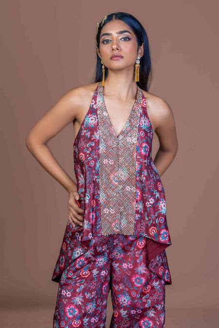 Shop_Damoiselle_Purple Chinon, Silk Halter Neck Garnet Glimmer Coord Set _Online_at_Aza_Fashions