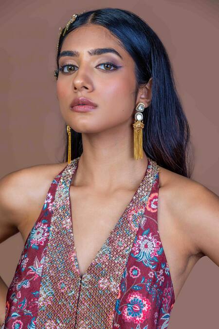 Damoiselle_Purple Chinon, Silk Halter Neck Garnet Glimmer Coord Set _at_Aza_Fashions