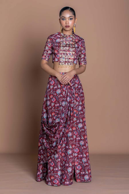 Damoiselle_Maroon Chinon, Silk, Viscose, Shantoon Beads Round Garnet Grid Draped Skirt Set _Online_at_Aza_Fashions