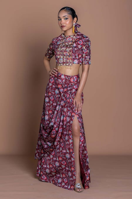 Buy_Damoiselle_Maroon Chinon, Silk, Viscose, Shantoon Beads Round Garnet Grid Draped Skirt Set _Online_at_Aza_Fashions