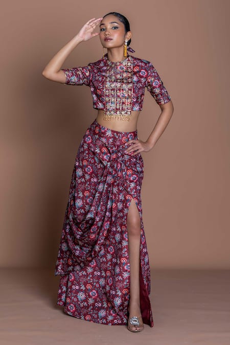 Damoiselle Maroon Chinon, Silk, Viscose, Shantoon Beads Round Garnet Grid Draped Skirt Set 