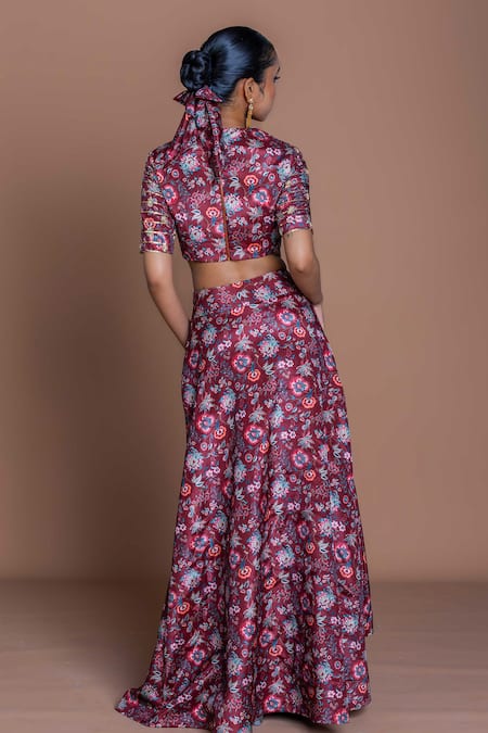 Damoiselle Garnet Grid Draped Skirt Set 