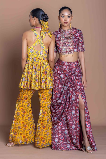 Shop_Damoiselle_Maroon Chinon, Silk, Viscose, Shantoon Beads Round Garnet Grid Draped Skirt Set _Online_at_Aza_Fashions