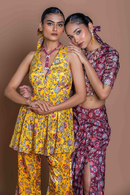 Damoiselle_Maroon Chinon, Silk, Viscose, Shantoon Beads Round Garnet Grid Draped Skirt Set _at_Aza_Fashions