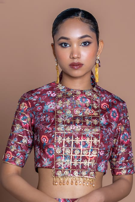 Shop_Damoiselle_Maroon Chinon, Silk, Viscose, Shantoon Beads Round Garnet Grid Draped Skirt Set 