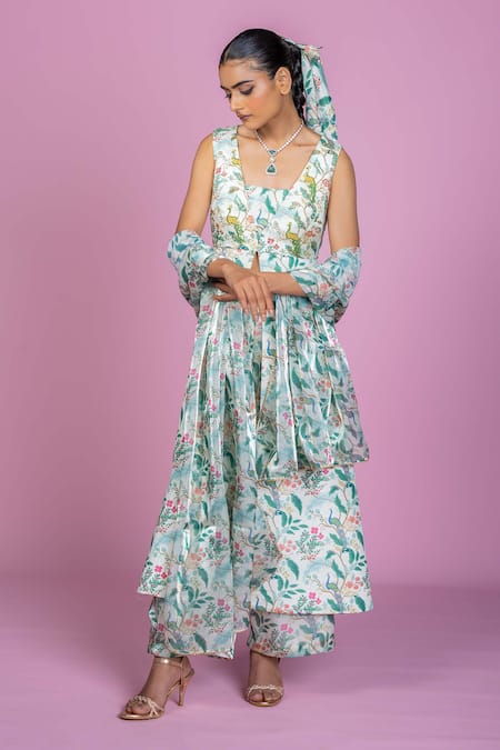Damoiselle Ivory Chinon, Viscose, Silk, Shantoon Embroidery Square Neck Grove Coord Set