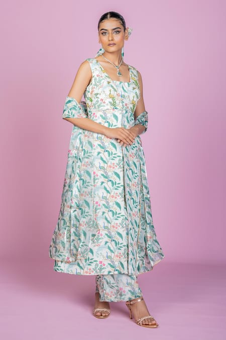 Buy_Damoiselle_Ivory Chinon, Viscose, Silk, Shantoon Embroidery Square Neck Grove Coord Set _Online_at_Aza_Fashions