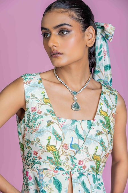 Shop_Damoiselle_Ivory Chinon, Viscose, Silk, Shantoon Embroidery Square Neck Grove Coord Set _Online_at_Aza_Fashions