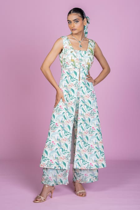 Buy_Damoiselle_Ivory Chinon, Viscose, Silk, Shantoon Embroidery Square Neck Grove Coord Set 