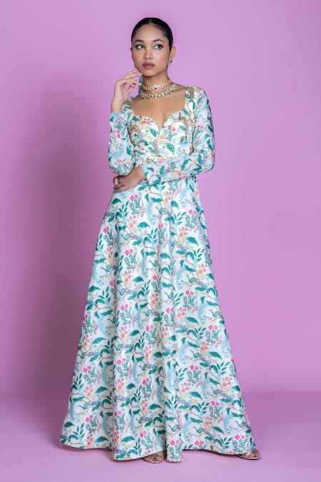 Damoiselle_Ivory Chinon, Viscose, Silk, Georgette Embroidery Serenade Anarkali Gown Set _Online_at_Aza_Fashions