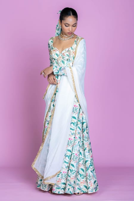Buy_Damoiselle_Ivory Chinon, Viscose, Silk, Georgette Embroidery Serenade Anarkali Gown Set _Online_at_Aza_Fashions