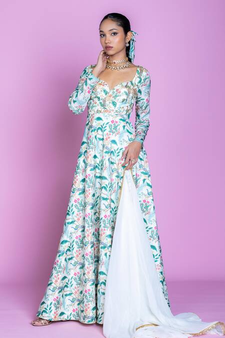 Shop_Damoiselle_Ivory Chinon, Viscose, Silk, Georgette Embroidery Serenade Anarkali Gown Set _Online_at_Aza_Fashions