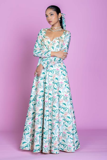 Damoiselle_Ivory Chinon, Viscose, Silk, Georgette Embroidery Serenade Anarkali Gown Set _at_Aza_Fashions