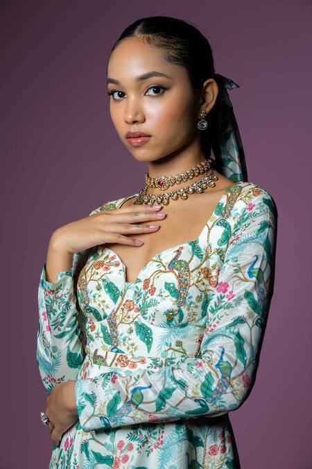 Buy_Damoiselle_Ivory Chinon, Viscose, Silk, Georgette Embroidery Serenade Anarkali Gown Set 