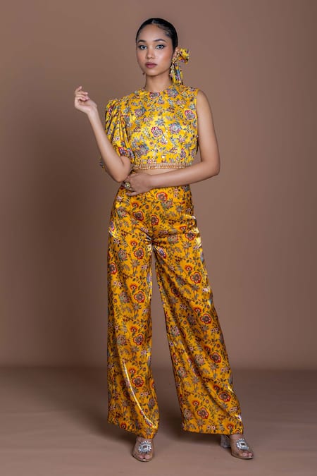 Damoiselle Yellow Chinon, Silk Embroidery Round Neck Marigold Mirage Crop Top And Pants Set