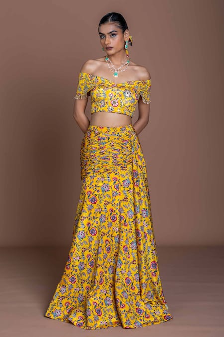 Damoiselle Mustard Floral Off-Shoulder Lehenga Set 