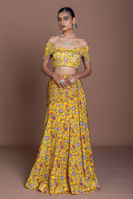 Damoiselle Mustard Floral Off-Shoulder Lehenga Set 